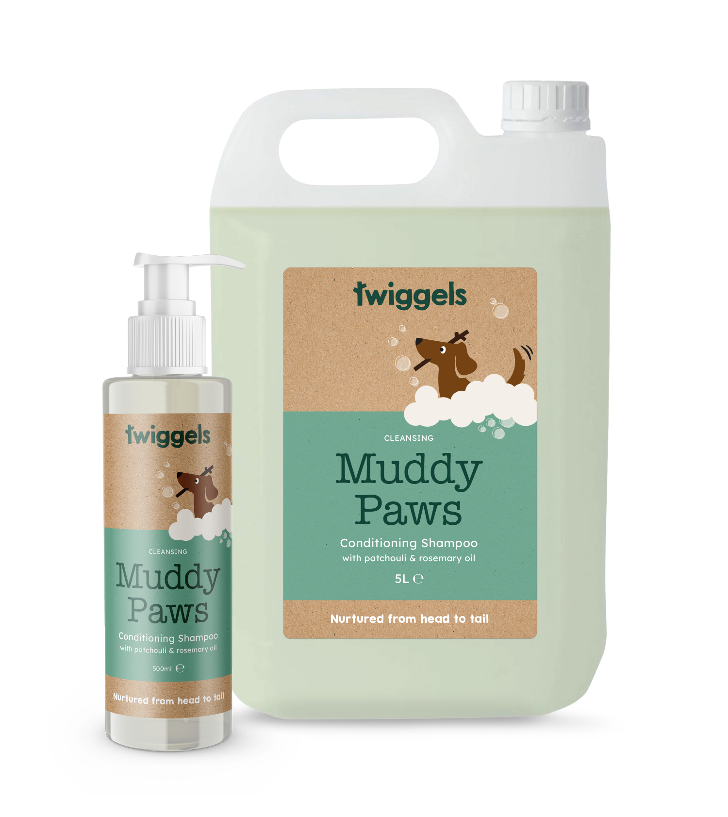 Two bottles of Twiggels Muddy Paws dog shampoo on a white background