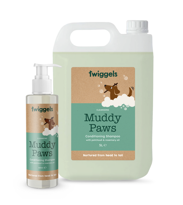 Two bottles of Twiggels Muddy Paws dog shampoo on a white background