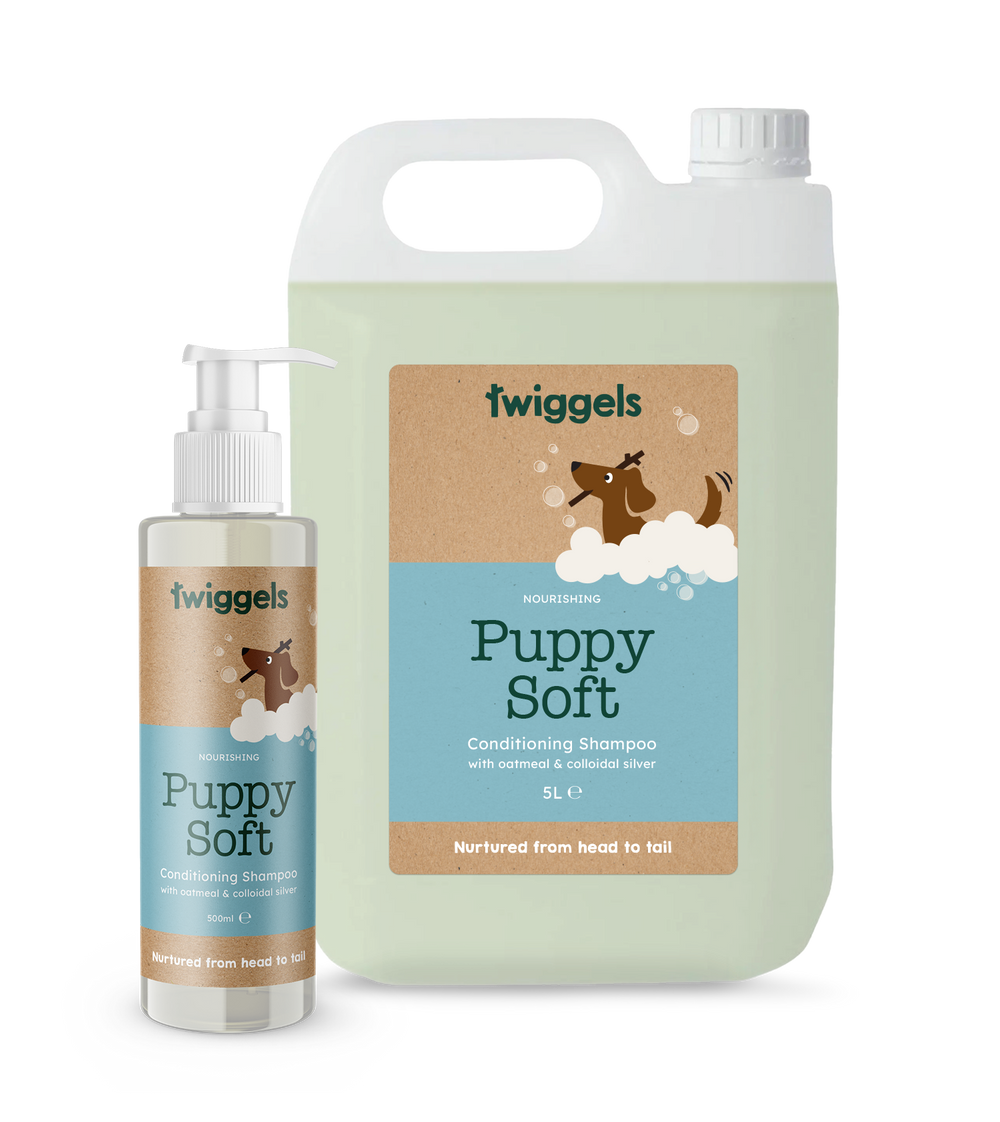 Two bottles of Twiggels Puppy Soft shampoo on a white background