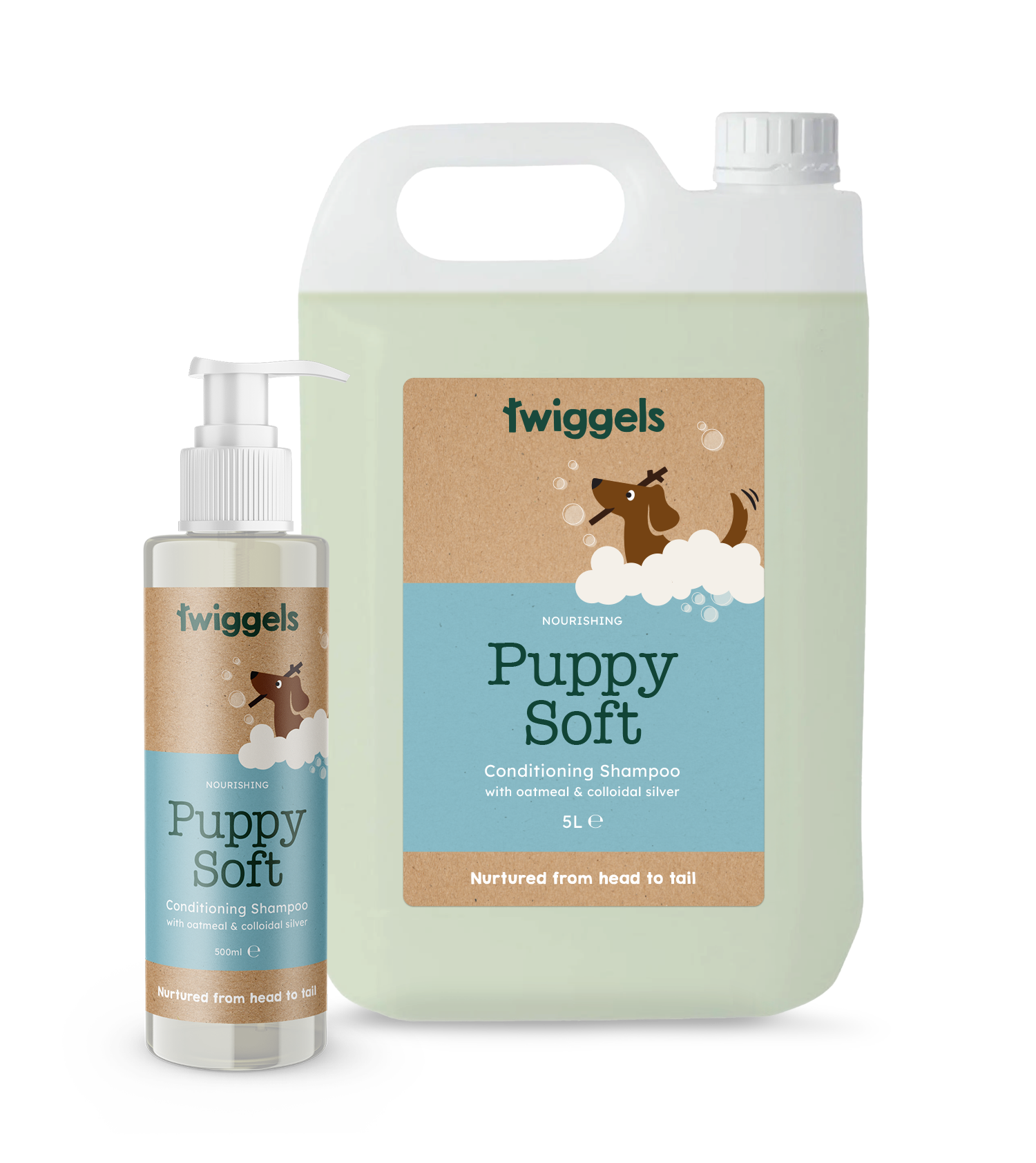 Two bottles of Twiggels Puppy Soft shampoo on a white background