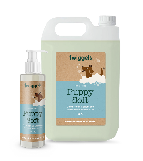 Two bottles of Twiggels Puppy Soft shampoo on a white background