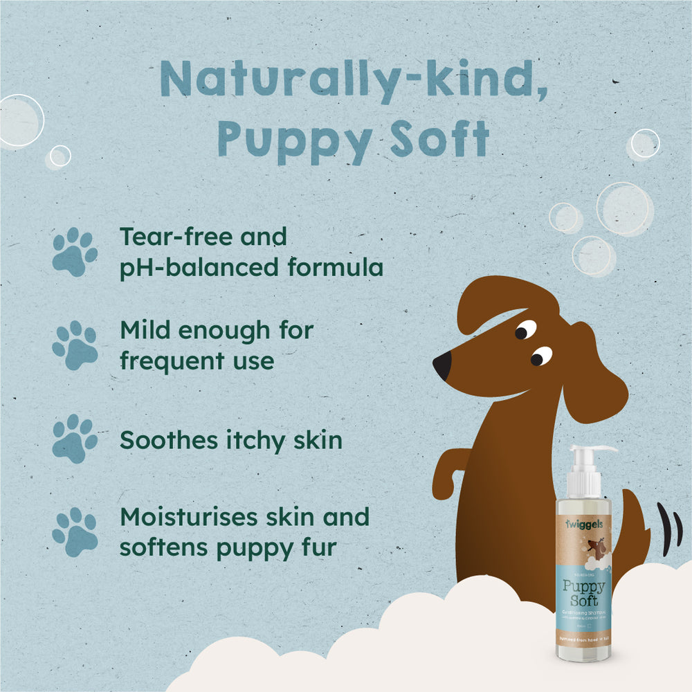 Two bottles of Twiggels Puppy Soft shampoo on a white background